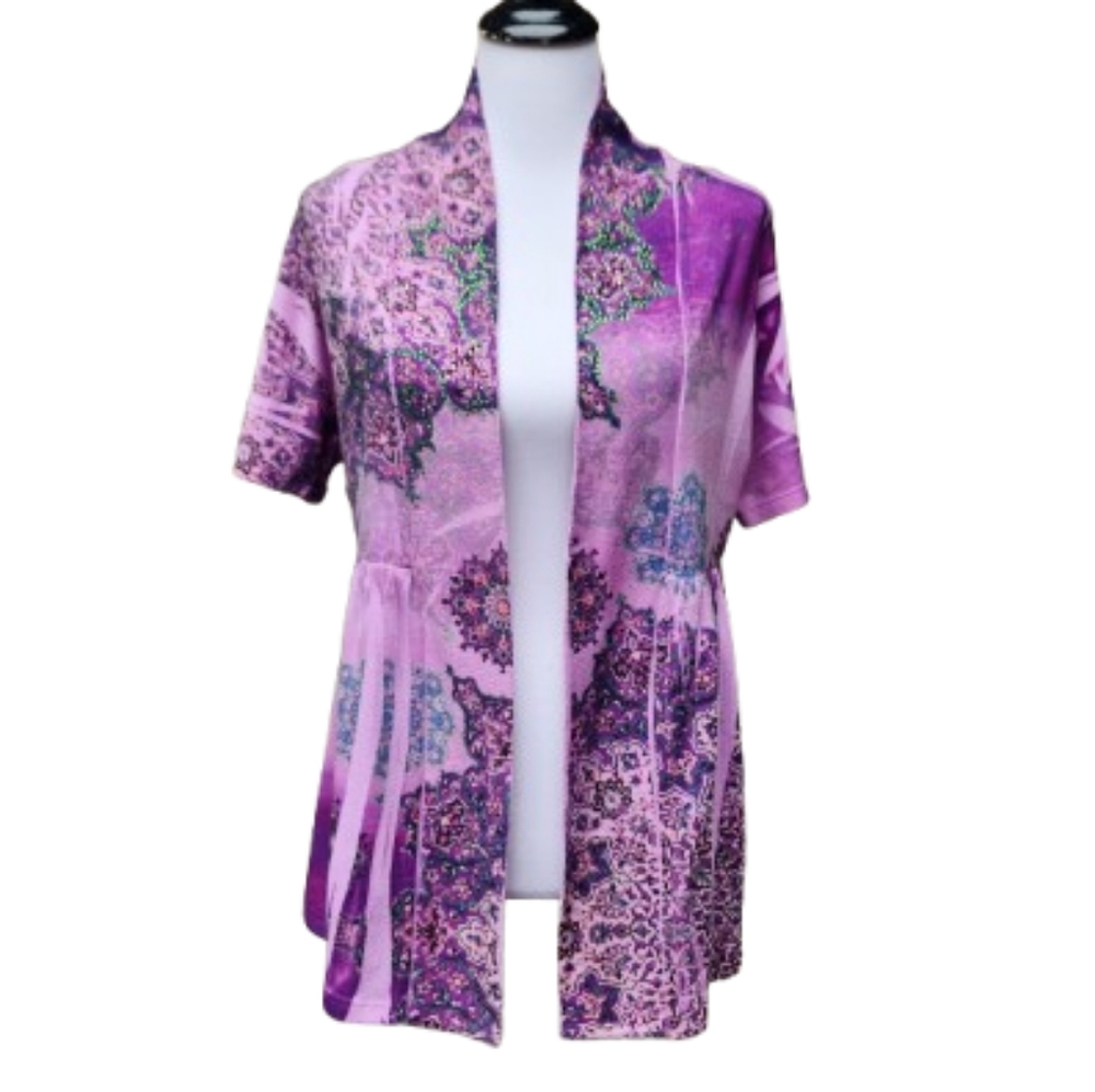 BLEU Purple Short Sleeve Cardigan Sweater Abstract Print Embellished